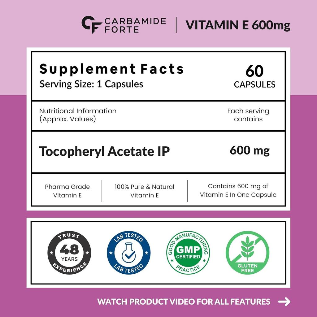 Carbamide Forte 600 Mg Vitamin E Capsules For Face And Hair Care Paraben Free Beauty Supplement 60 Capsules X Pack Of 2 Twin