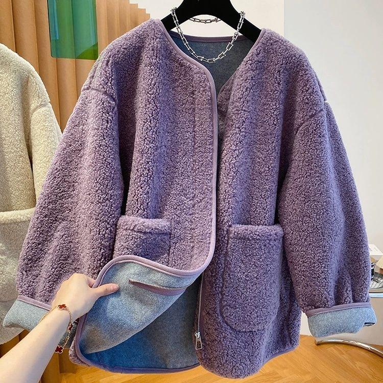 Advanced Sense Purple Lamb Fur Coat Women Autumn Winter Loose Thickened Leather Fur Integrated Lamb Wool Top