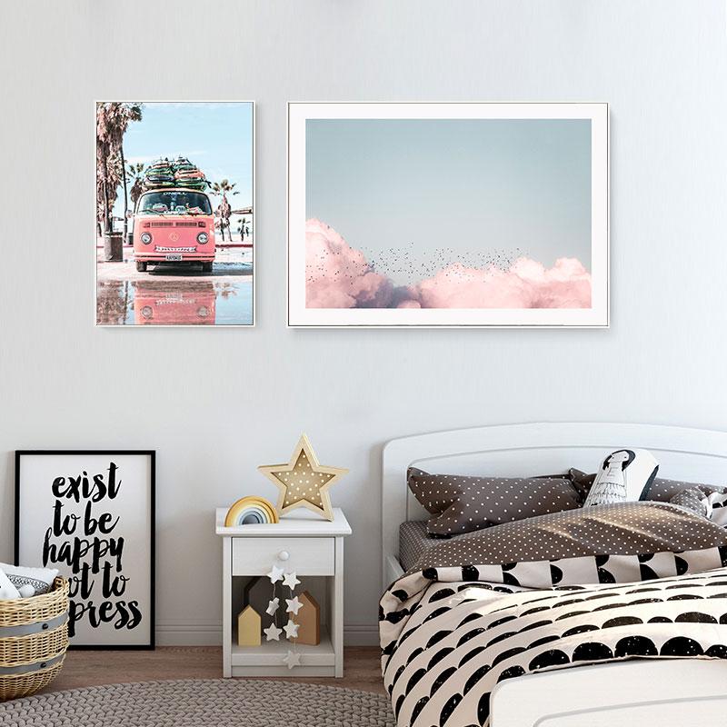 Розовый пляж небо пейзаж плакат скандинавский художественный принт морской пейзаж холст картина путешествие автомобиль настенная картина для гостиной декор