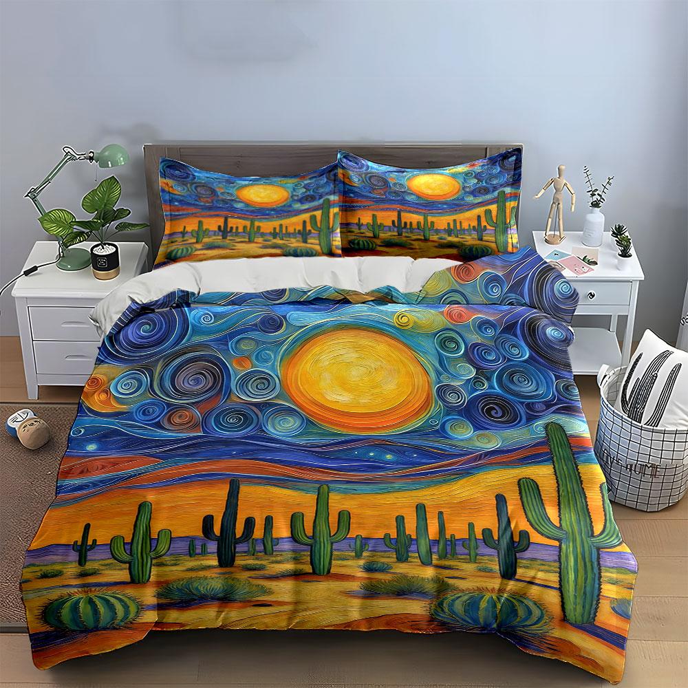 Cactus, swirling sky, sun. Bedding sets Duvet cover sets Duvet covers Pillowcases(1 * Duvet Cover 2 * Pillowcases without duvet insert)