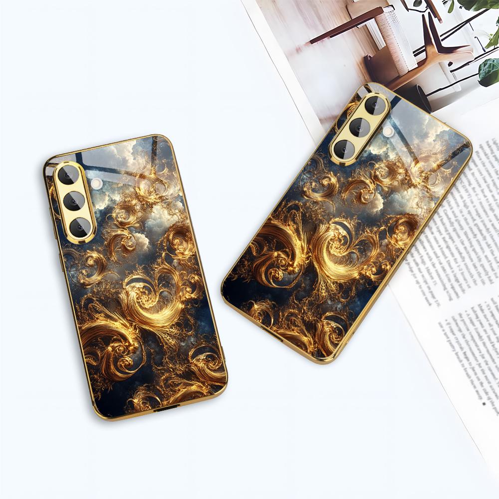 Позолоченный чехол для телефона из закаленного стекла, совместим с Galaxy S26, S25, S24, S23 и S22 Ultra Plus. Имеет золотой текстурированный дизайн