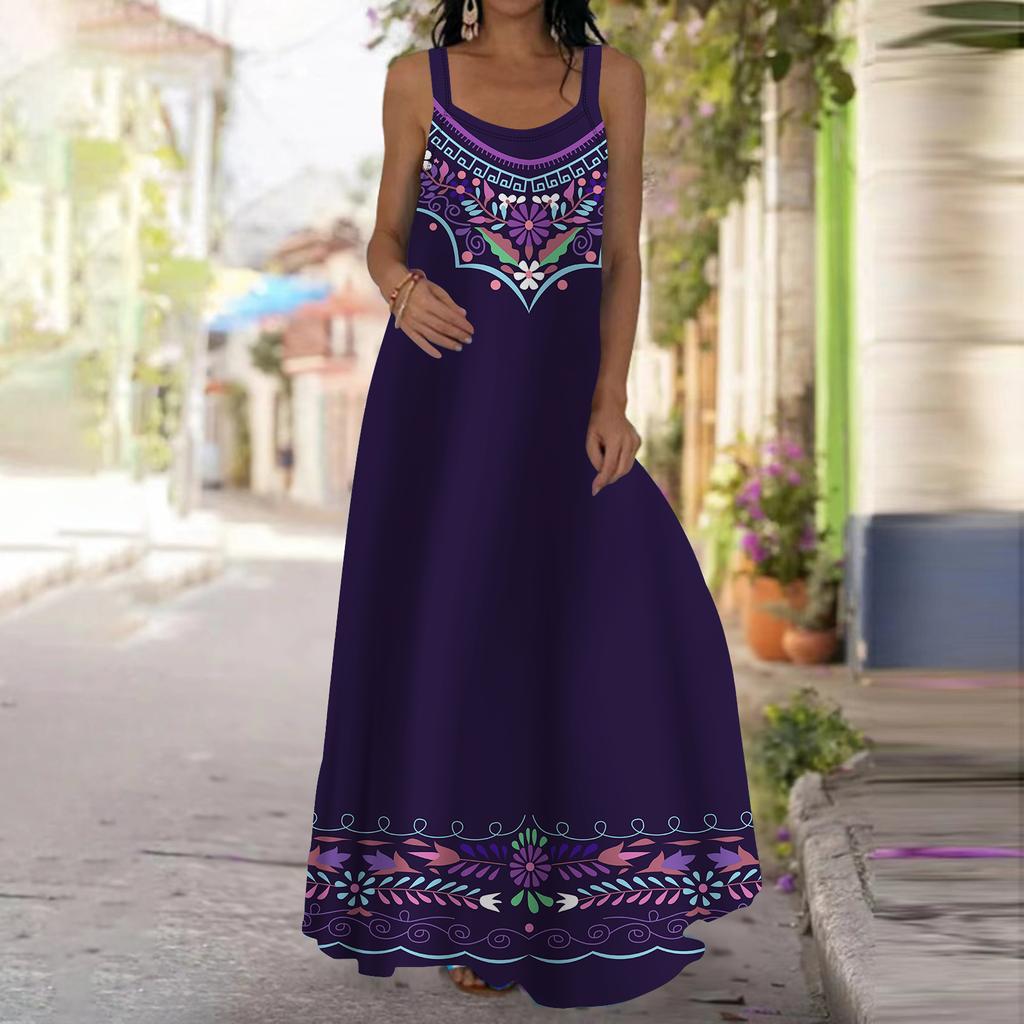 Женское платье-комбинация Длинное платье макси Синее платье с вышитым цветочным принтом Весна и лето Для отдыха и отпуска