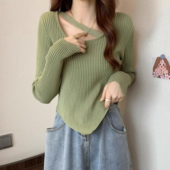 Осень и Зима Тонкий Приталенный Внутренний С длинным рукавом Базовый Трикотаж Модный Дизайнерский Смысл Маленький Неправильный Короткий Свитер Женский