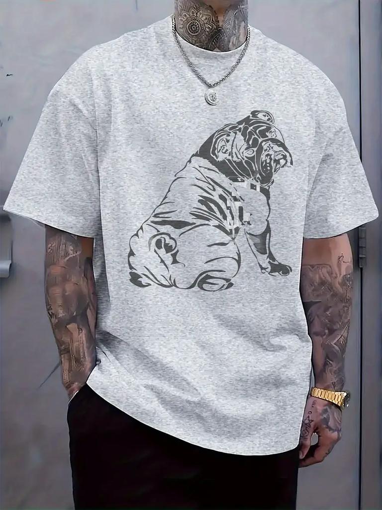 Bulldog Graphic Print Short Sleeve T-shirt - Light Grey Regular Fit Casual Summer Tee