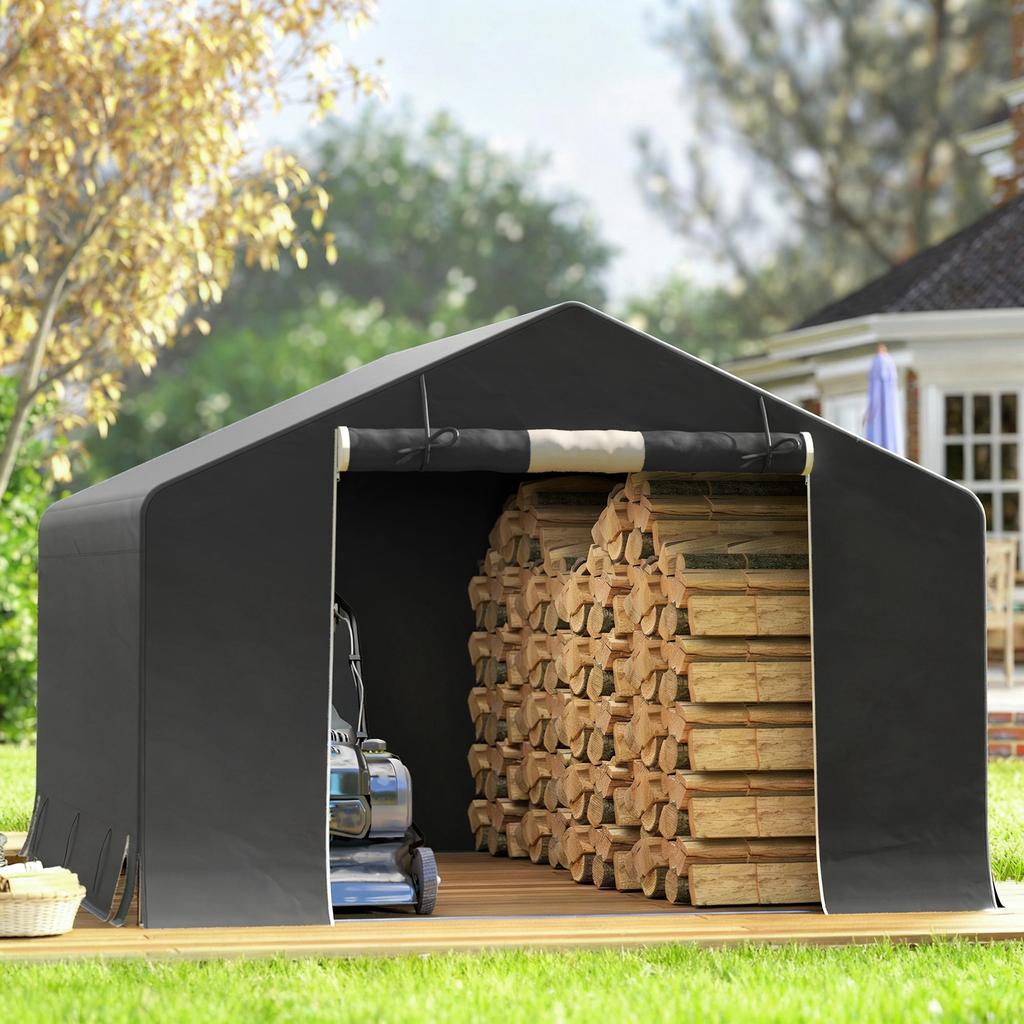 Portable garden shed. Bicycle tent. Roll-up door with zipper. Metal frame. Versatile storage. Dark gray