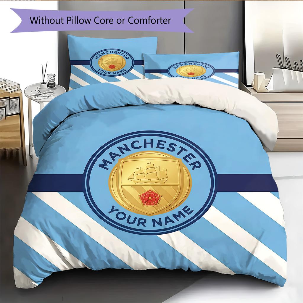 Custom Name Manchester City Pattern Bedding Quilt Set Home Decoration Gift (1 * duvet cover + 2 * pillowcase without core)