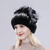 Winter Women Good Elasticity Real Rex Rabbit Fur Hats with Silver Fox Fur Lady Outdoor Warm Knitted Genuine Rex Rabbit Fur Cap