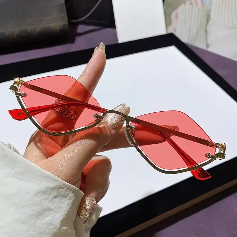 New Half Frame Diamond Shaped Sunglasses Metal Women Simple Trend Sunglasses Men Dopamine Small Frame Outdoor Sunglasses