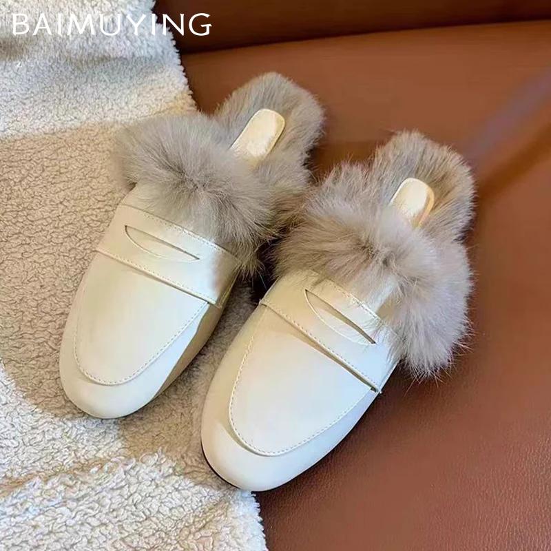 Меховые женские тапочки на плоской подошве Мюли Кожаная обувь Женские 2024 Тенденция Зима Теплая Модная Короткая Мягкая Хлопковая Обувь Ботинки Слингбэк Сноу Ботас