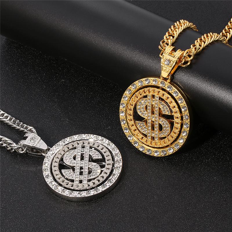 Men Hip Hop Rotating Dollar Pendant Long Necklace Rhinestone Jewelry Accessories