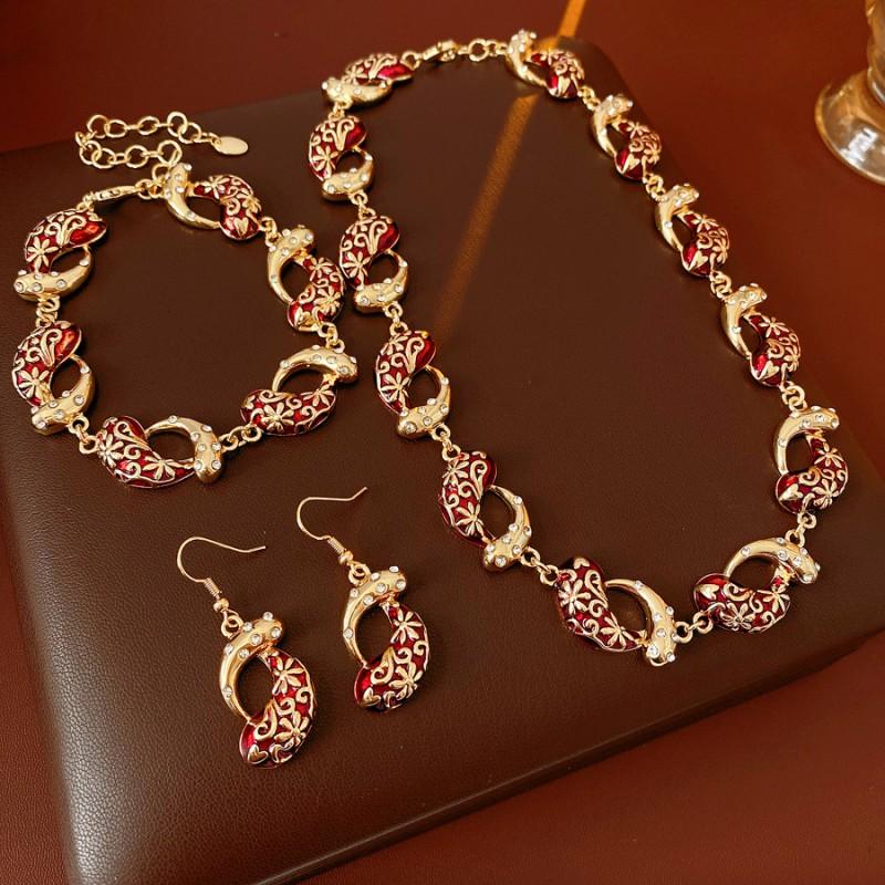 Vintage Enamel Zircon Drop Jewelry Set Women - Gold Tone Alloy Necklace Bracelet Earring Combo Retro Chic Locket Chain