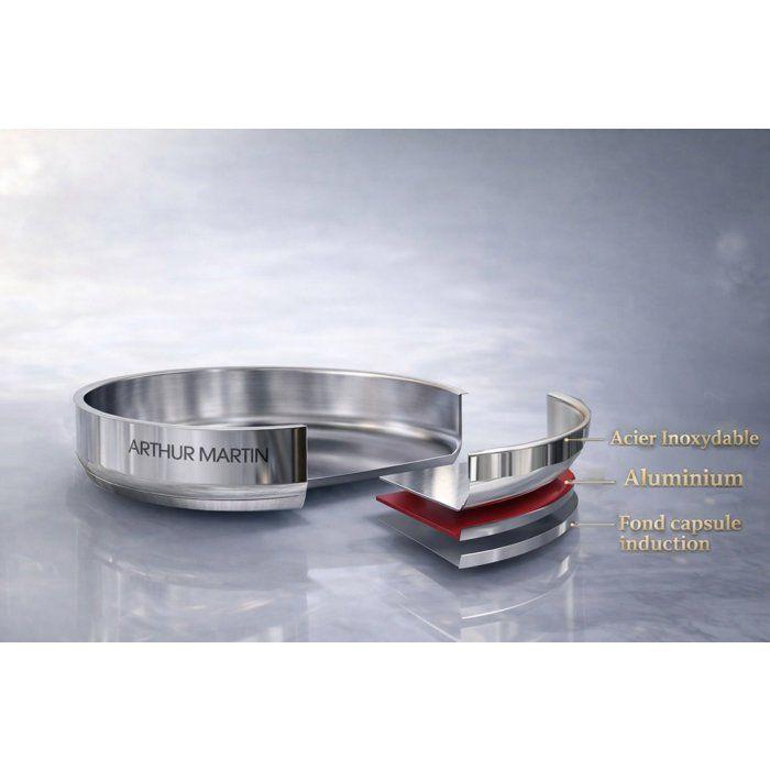 Batterie de cuisine - AM3213 - Tous feux dont induction - ARTHUR MARTIN - Sans PFOA/PFAS - Acier inoxydable 18/10 - 8 pièces