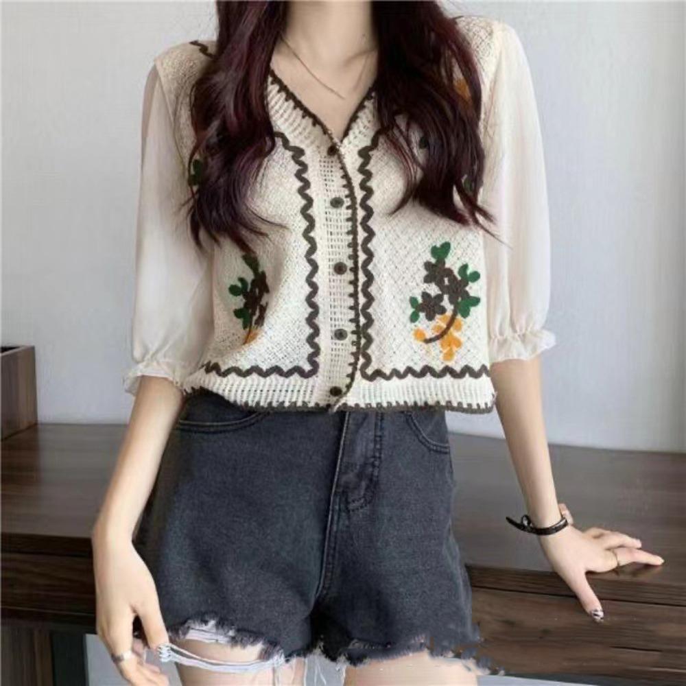Flower Embroidery Chiffon Sleeve Shirts Button Front Short Top New Crochet Blouse Women