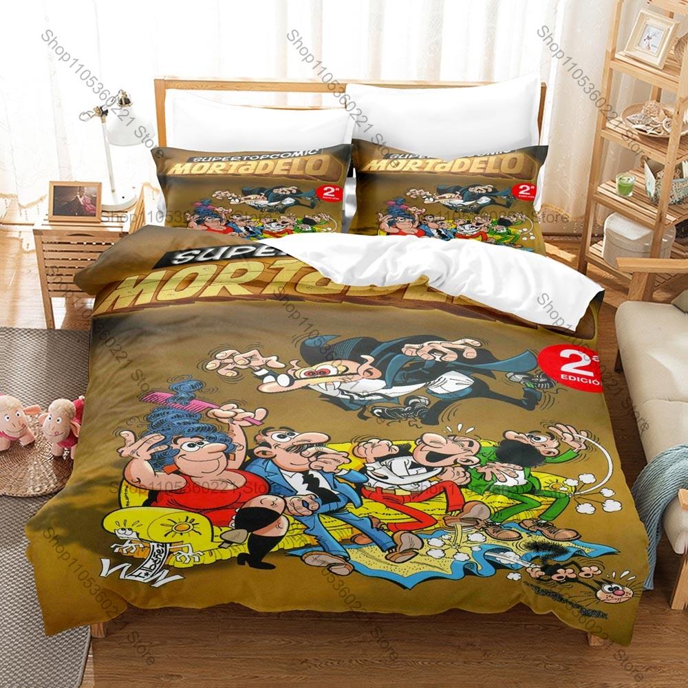 3 In 1 Mortadelo Themed Bedding, Duvet Cover + Two Pillowcases, Retro Comic Art Print Soft Fabric Gift