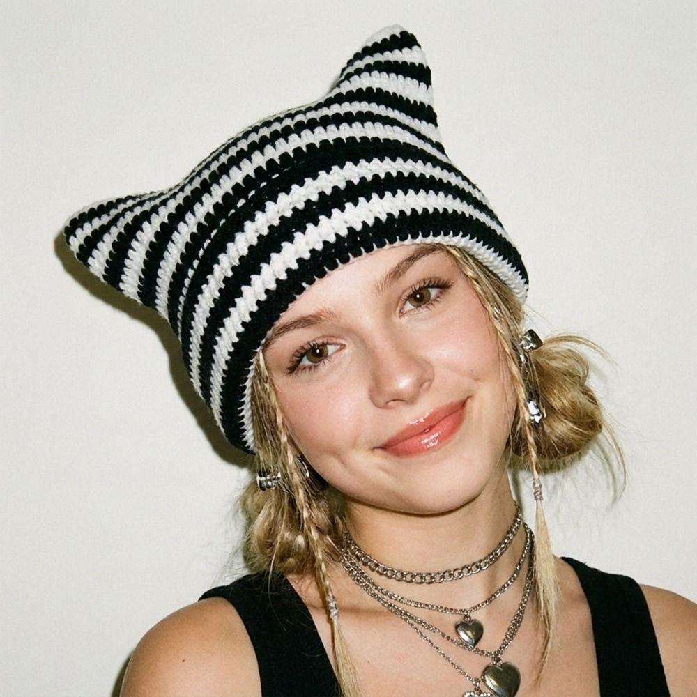 Warm Stripe Knitted Hat Cute Little Devil Cap Soft Pullover Hat Girls