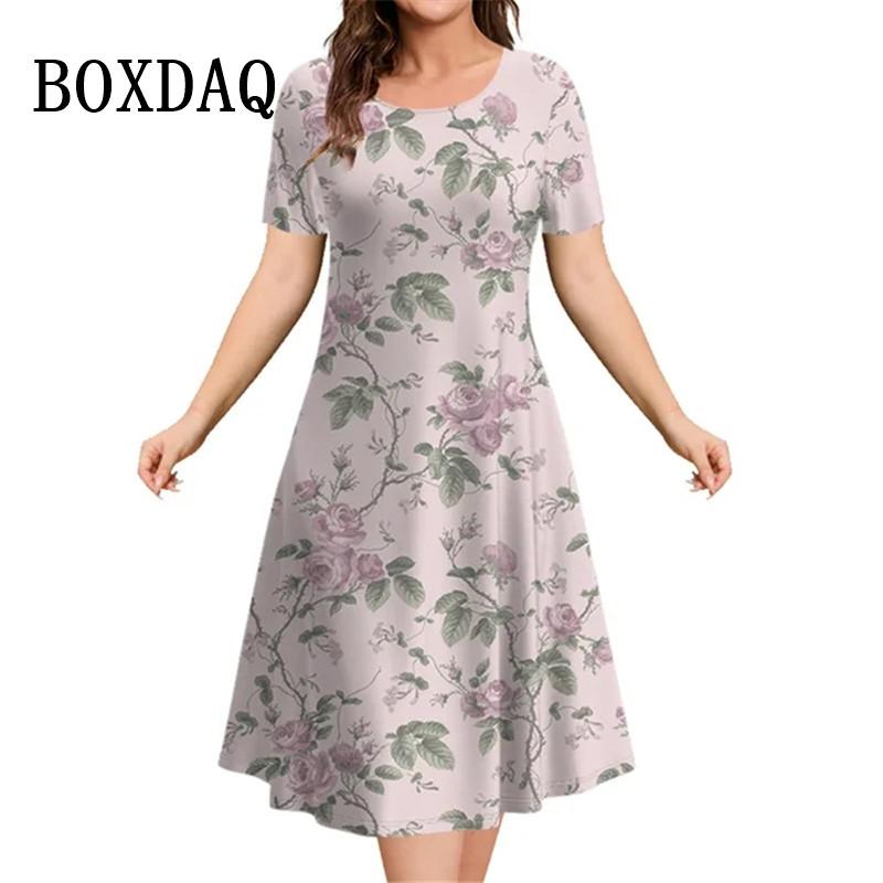 Новые 2025 винтажные платья женские 3D цветы принт с коротким рукавом летние повседневные пуловеры модные свободные женские платья больших размеров