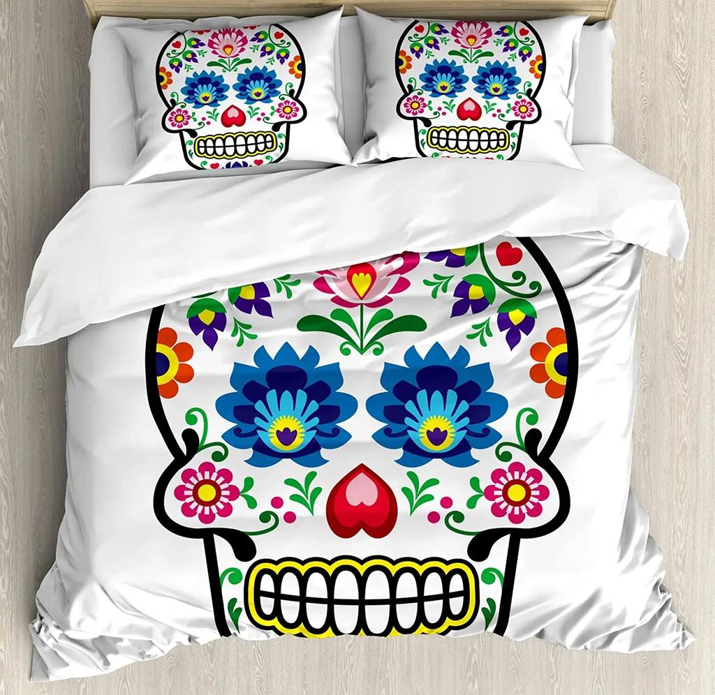 Sugar Skull Duvet Cover Set,Sugar Killer Calaveras Framework Day Of The Dead Vintage Gothic Design Print,Skull Bedding Set