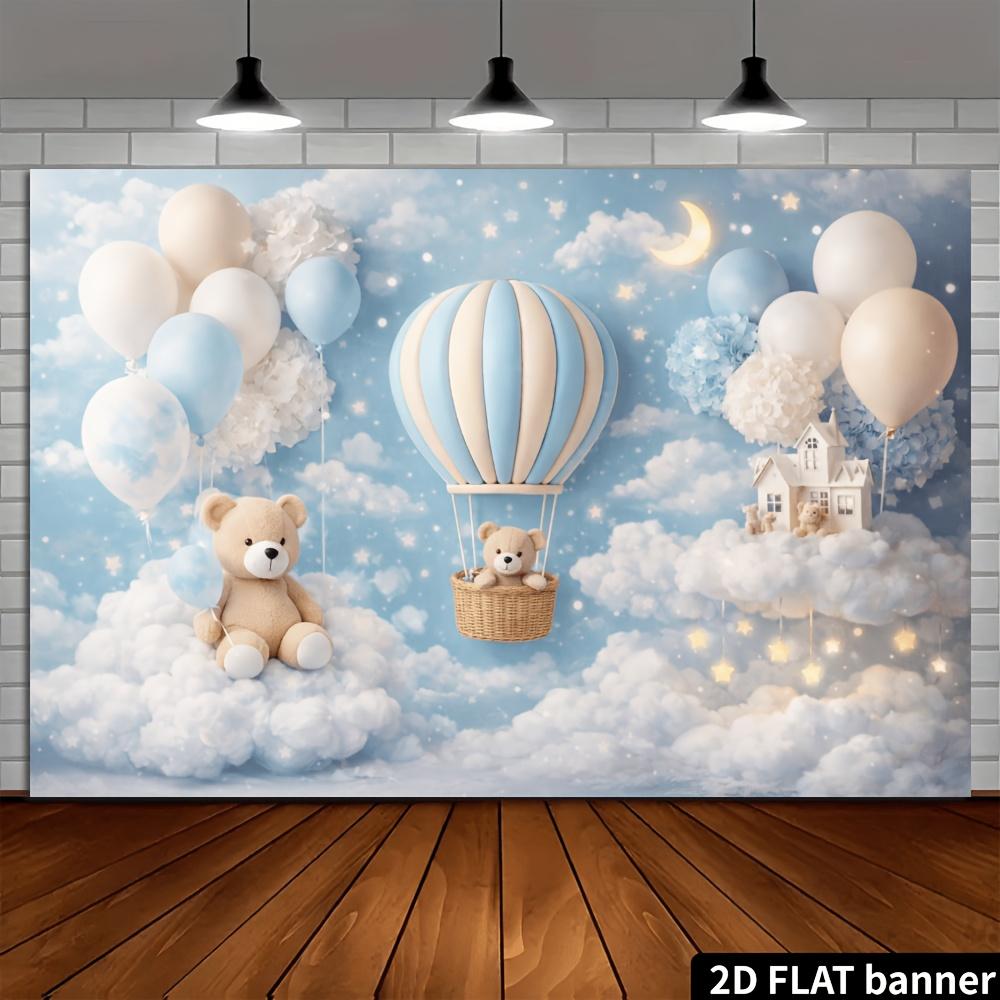Двумерная плоскость сине-белая звезда на воздушном шаре холст для рисования с фоном из маленького медведя. Пасмурное небо в сочетании с макаронными шарами.