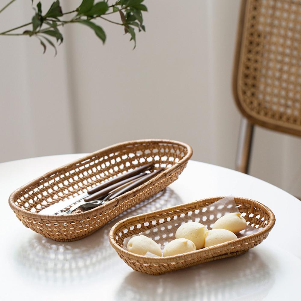 Овальная корзина для хранения из ротанга, поднос для закусок и фруктов, корзина для хлеба, нож, вилка, палочки для еды, демонстрационная тарелка, украшение кухни