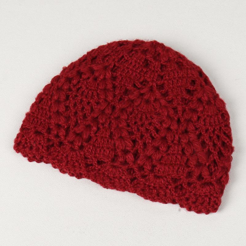 Autumn and winter underwear solid color simple double layer handmade hook flower warm knitted hat outdoor elegant literary wool hat