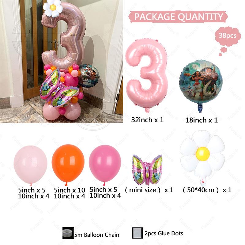 38 шт. Набор для создания колонны из шаров «Морские приключения Моана», 32 дюйма, Розовое число, Маргаритка, Фольгированные шары, 1-9 шт., Украшения для дня рождения девочки, Домашние украшения