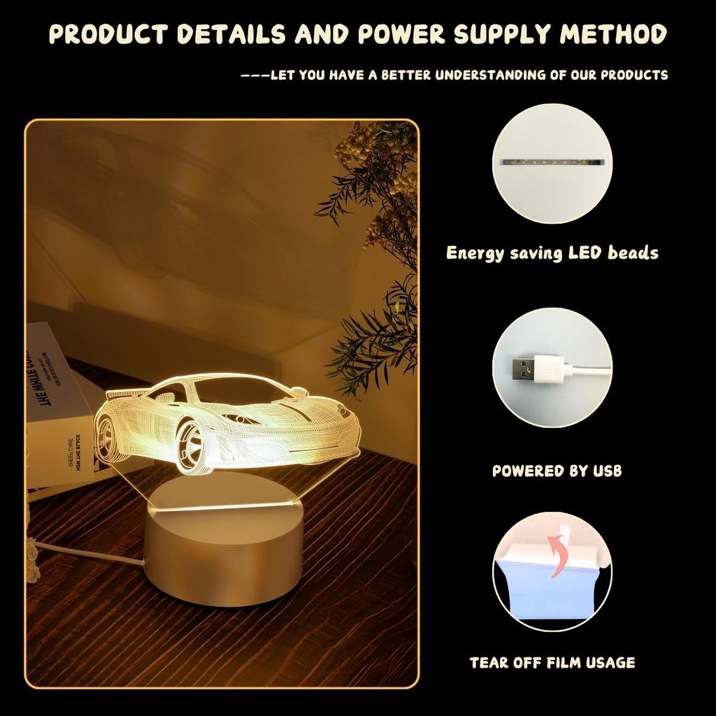 USB ночник 3D спортивный автомобиль теплого цвета, настольная лампа для создания атмосферы для дома, кабинета, спальни, подарочная лампа
