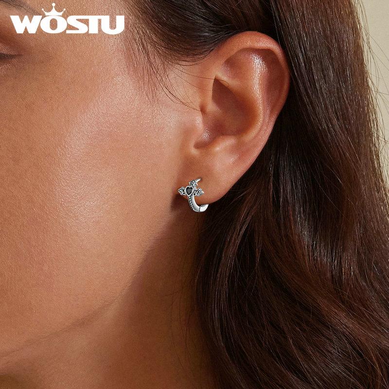 WOSTU Винтажные серьги-кольца из стерлингового серебра 925 пробы с черным цирконием, женские серьги-кольца в стиле ретро, в стиле панк, с пряжкой в виде креста, хип-хоп, ювелирные изделия, счастливый подарок