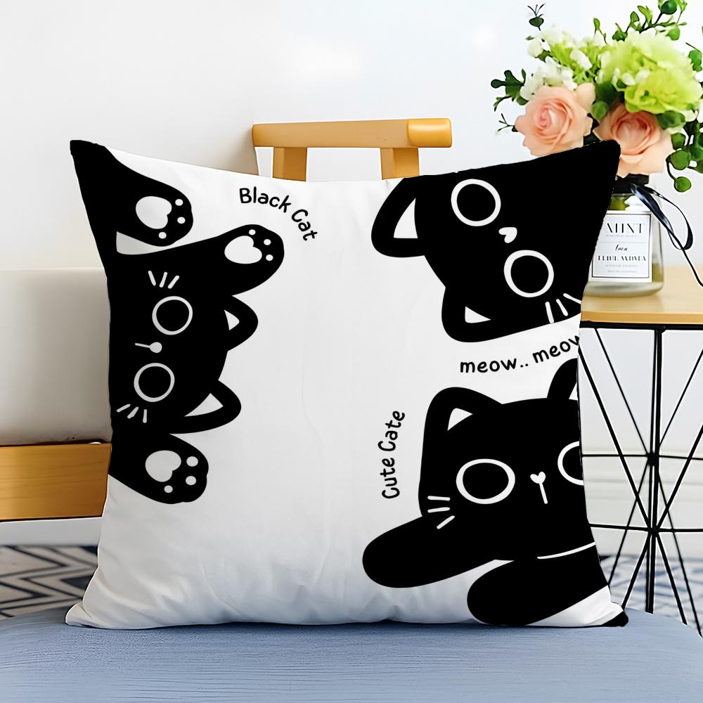 Cute cartoon little black cat Cushion Cover Washable Linen comfort Soft for Sofa Bed Cozy Home Room Decor