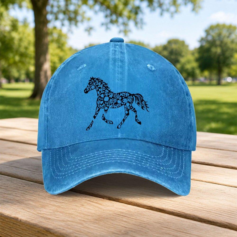 Classic Floral Horse Pattern Washed Baseball Cap Unisex Casual Dad Hat Retro Sports Hat for Outdoor Travel Street Wear