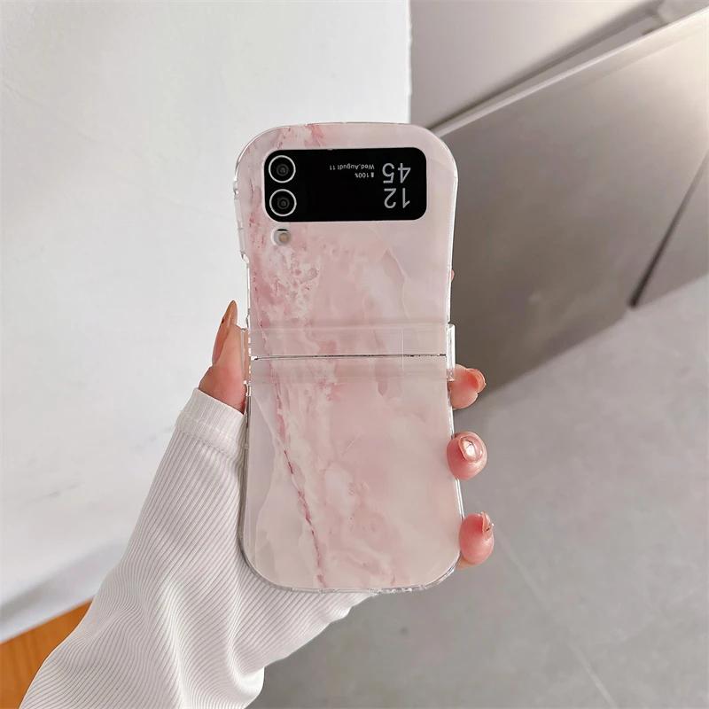 Korean Marble Texture Painted Case For Samsung Galaxy Z Flip 6 5 4 3 5G Flip4 Flip5 3-piece Set Flip6 Cute Anti-Scratch Cover