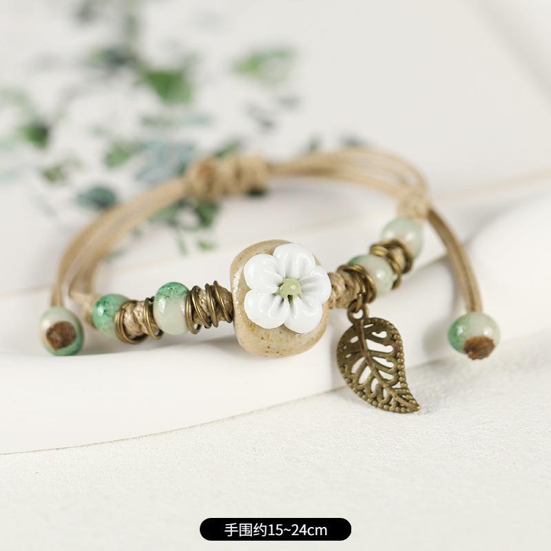 Retro Ceramic Flower Woven Bracelet Niche Literary Hand Rope Small Fresh Bell Bracelet Female
