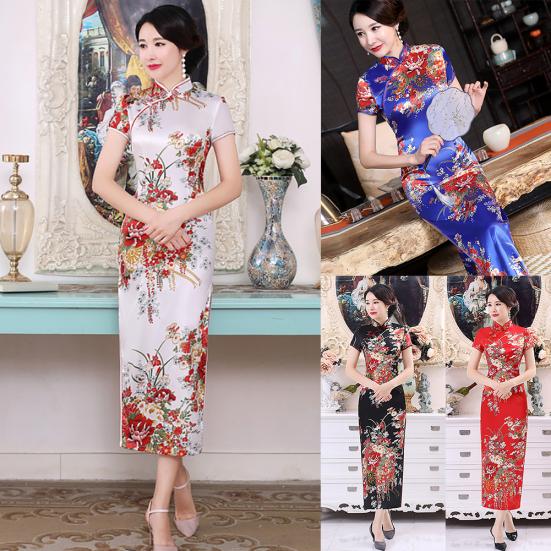 Женское парчовое платье Cheongsam с коротким рукавом и цветочным принтом в китайском стиле, банкетное платье миди