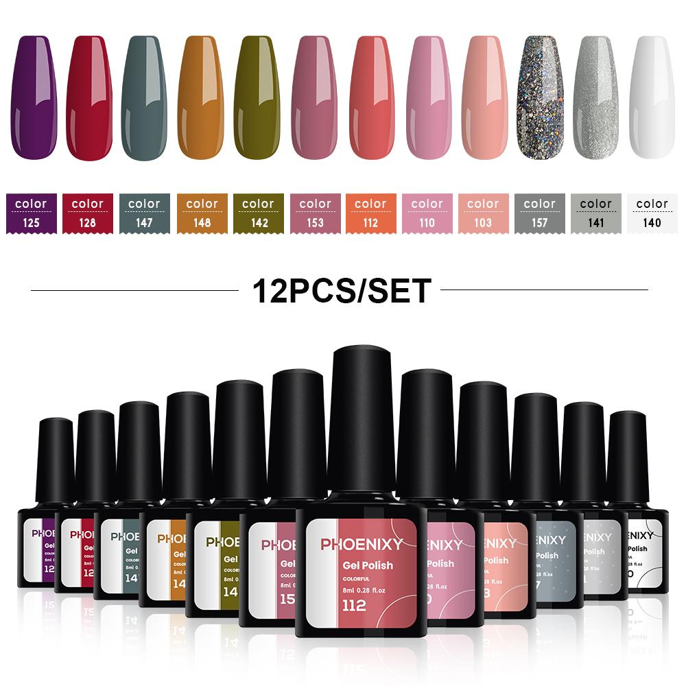 PHOENIXY, 8 мл, 12 цветов, гель-лак для ногтей, гель для ногтей, полуперманентный твердый гель для ногтей, замачиваемый УФ-гель, нужна база, верхнее покрытие, дизайн ногтей «сделай сам»
