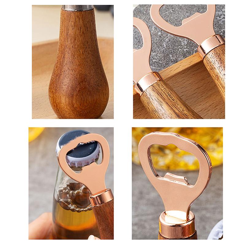 Wooden Handle Beer Bottle Opener Creative Stainless Steel Cocktail Drink Can Opener Bartender Corkscrew For Home Bar Restaurant