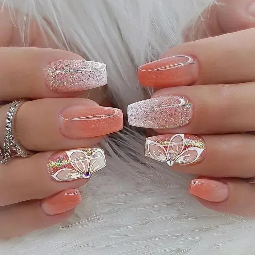 24Pcs Gradient Short Ballet Nails Set with Design White Simple False Nails Coffin Fake Nail Press on Nails Full Cover Nail Tips