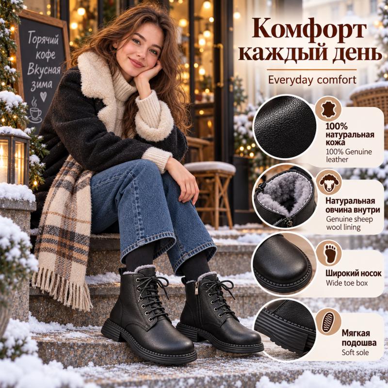 Женские зимние ботинки с широким носком, натуральная кожа, шерсть, высокие, овчина, шерсть, мех, хлопковые, противоскользящая носовая часть, 333-1