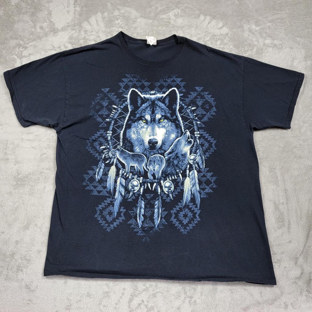 Fruit Of The Loom Shirt Mens 2XL XXL Black Wolf Dreamcatcher Graphic Nature Tee Unisex T-Shirt
