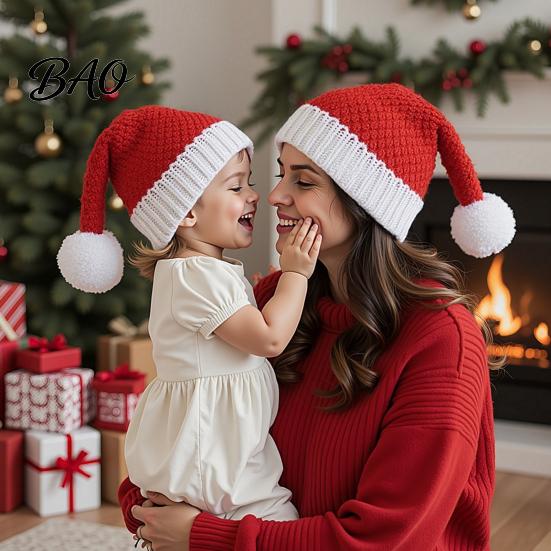 Classic Red White Christmas Hats Santa Hat, Knitted Hat for Kids Adults, Soft Family Winter Xmas Party with Pompom Holiday Accessory Warm Beanies