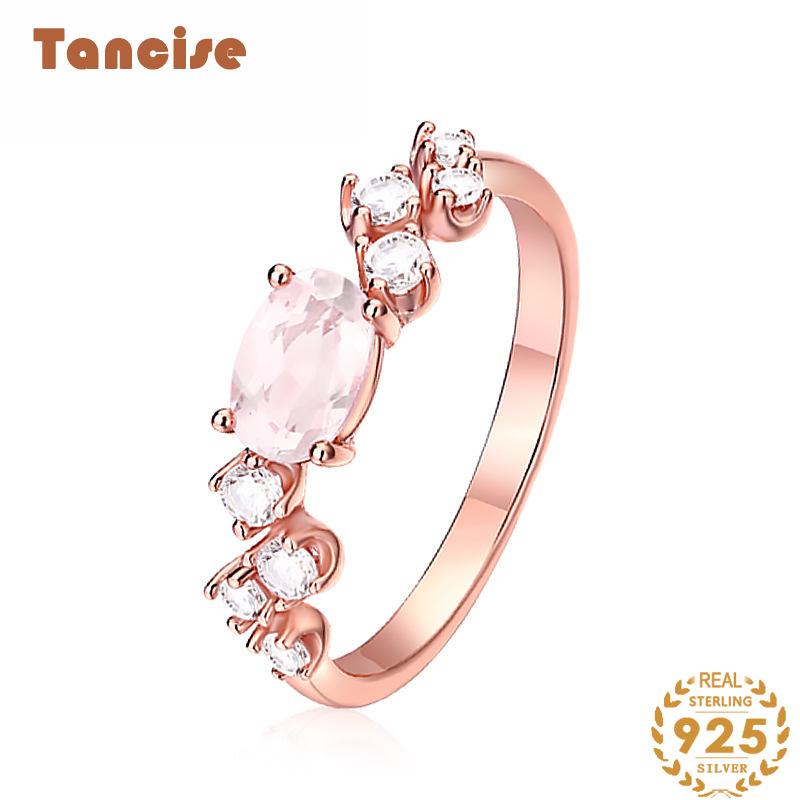 Tancise Classic 925 Sterling Silver 4*6 Pink Quartz Ring Ladies Jewelry Wedding Promise Party Gift