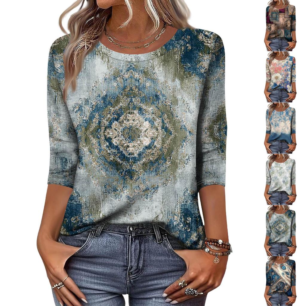 Trendy Vintage 3/4 Sleeve Top For Women ,Ladies Casual Three Quarter Sleeve Round Collar Printed T-Shirt Blouse