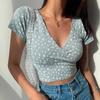 Летняя французская ретро-футболка с v-образным вырезом и короткими рукавами с цветочным принтом, тонкая утягивающая футболка с высокой талией, женский топ