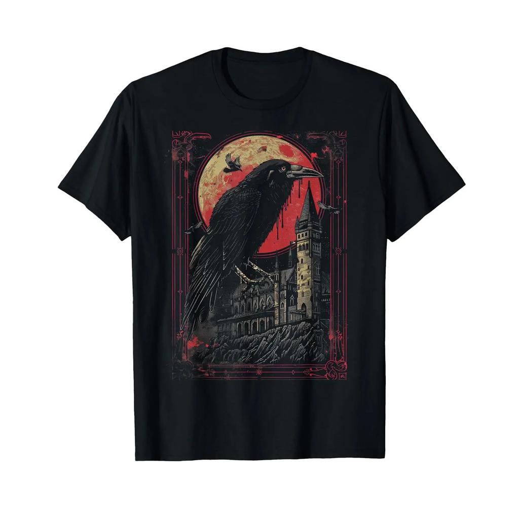 Gothic Tattoo Art Raven Moon Architecture T Shirt Vintage Comfortable Stylish Top For Everyday Wear Breathable Fashion