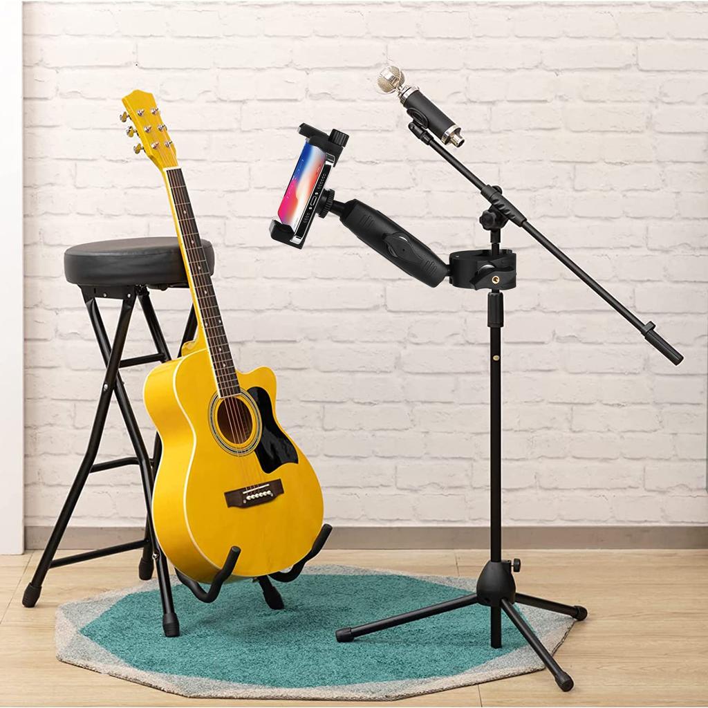 Music Hanger Microphone Stand with Long Arm and Super Clamp 360° Rotation for 3.5-7 Inch Smartphones, Compatible with Samsung Galaxy S 14, 13, 12,