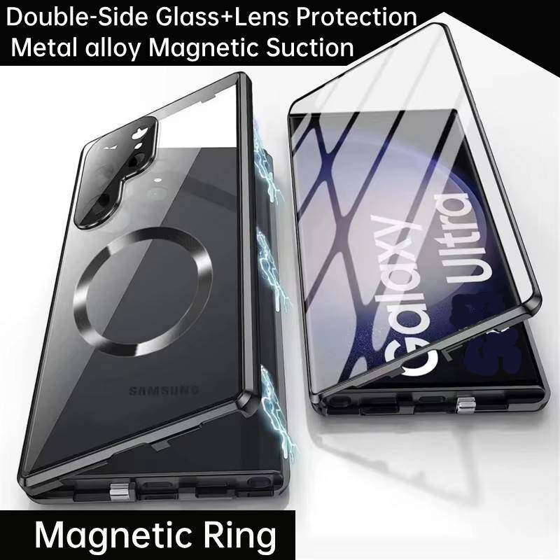 Чехол для Samsung Galaxy S21 S22 S23 Ultra, с двухсторонними магнитными чехлами из закаленного стекла, Magsafe, крышка с металлическим бампером с магнитной адсорбцией