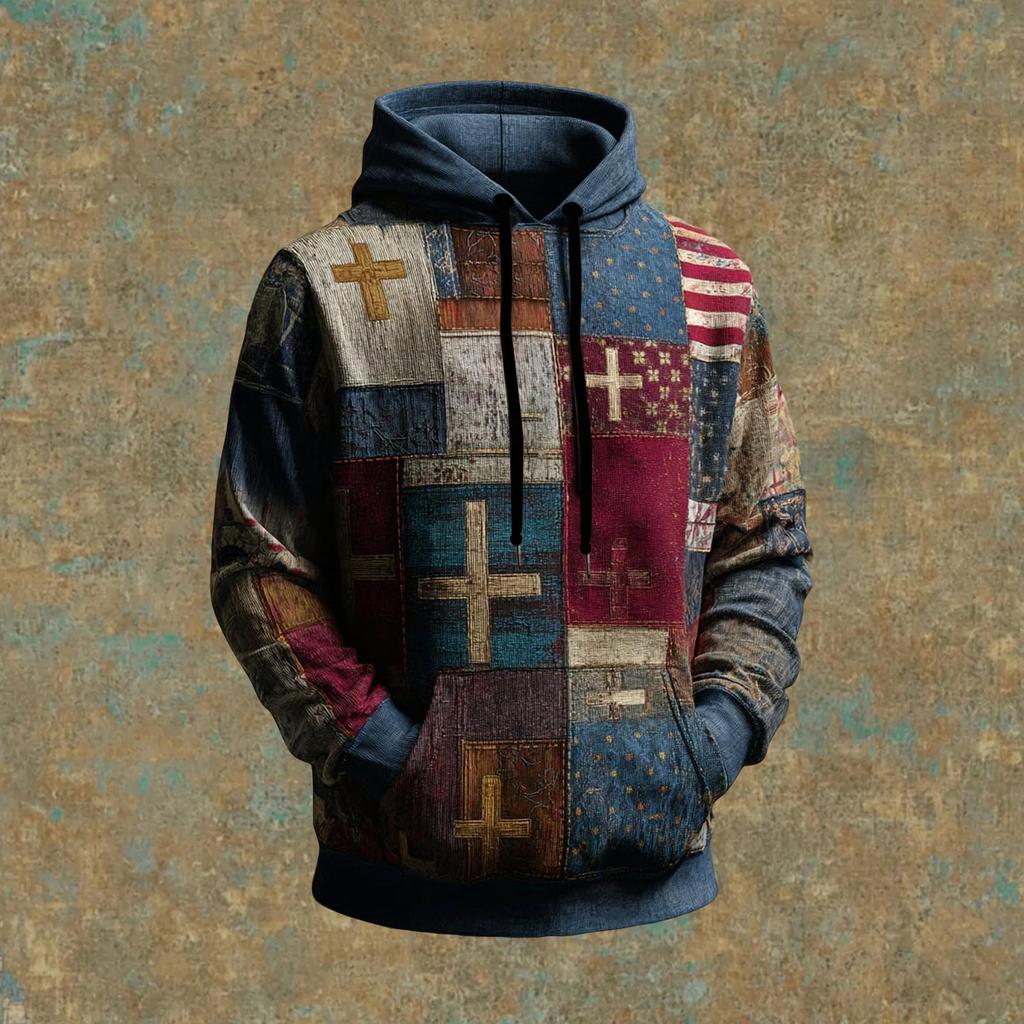 Мужское винтажное повседневное худи с крестом и американским флагом, патриотическая футболка