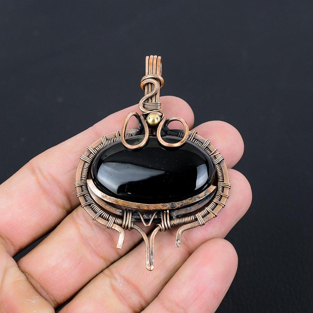 Черный драгоценный камень оникс чистая медная проволока обернутая ювелирные изделия ручной работы кулон