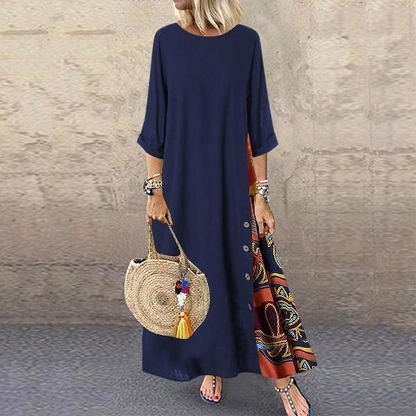 Plus Size Women’s Fashion Casual Loose Dress Big Swing Half Sleeve Long Dress Floral Holiday Maxi Dress Vestidos Longos Robe