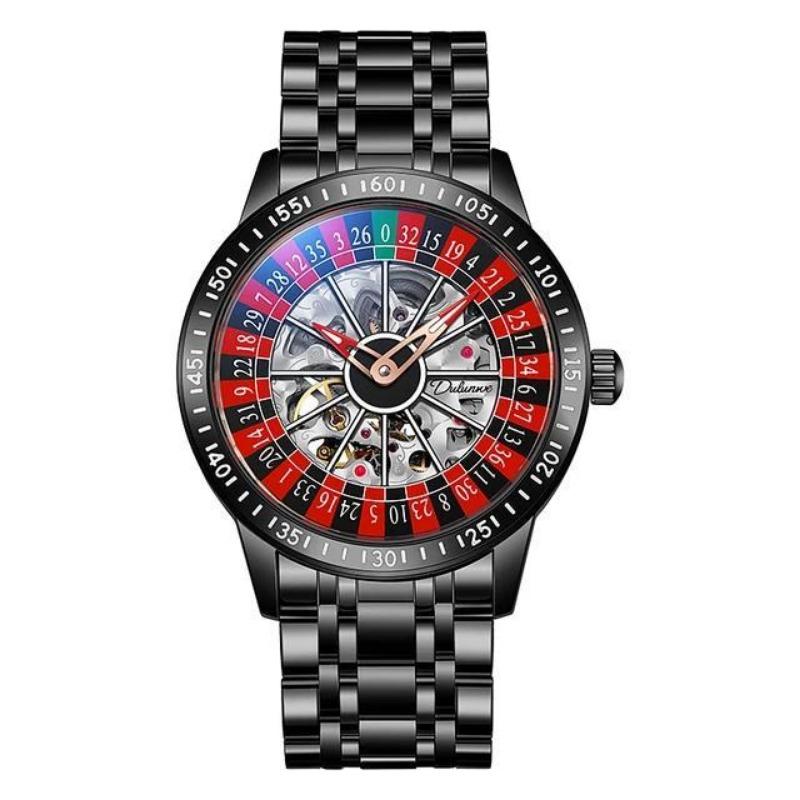 Dulunwe Swinging Rotary Dial Design Hollow Skeleton Watches Business Trendy Men Wristwatch Roulette Wheel Automatic Mechanical Watch