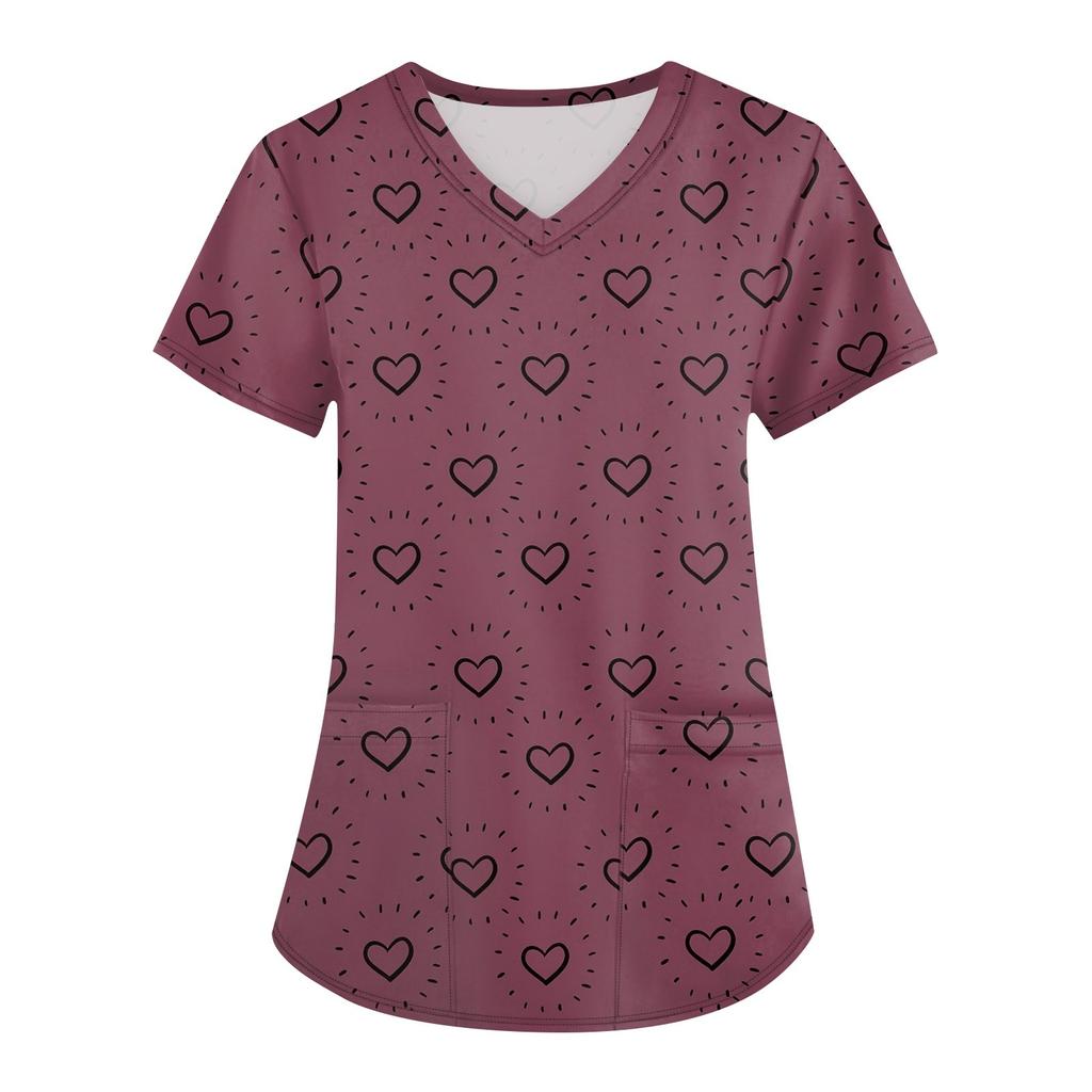 Women's Fashion Printed Short Sleeve V-Neck Top Small Pocket Work T-Shirt