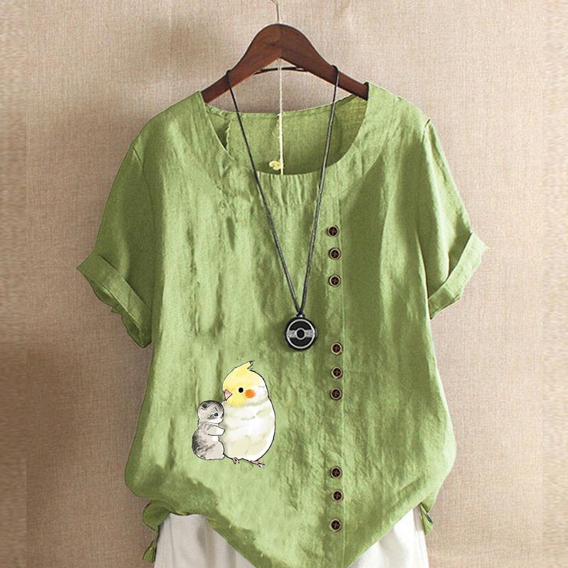 Женская модная футболка с круглым вырезом и короткими рукавами с принтом кота и попугая, повседневная хлопково-льняная рубашка с рисунком, свободная летняя блузка для отдыха, топы больших размеров